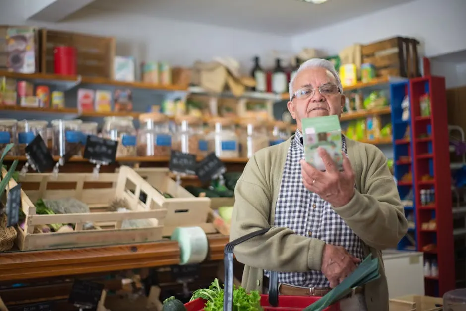Een chef leest een productetiket van dichtbij