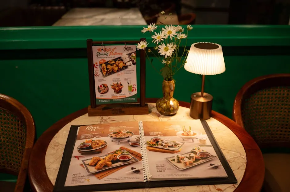 Een opengeslagen menukaart op een restauranttafel